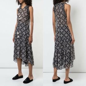 FIGUE Gabriella 100% Silk Diamond Tile Print Ruffle Midi Dress in Black
